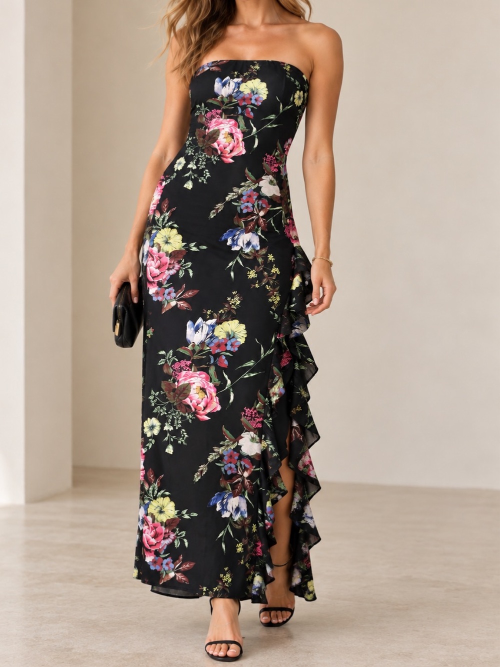 AFRM Los Angeles Brooke Floral Strapless Maxi Dress In Holiday Bloom